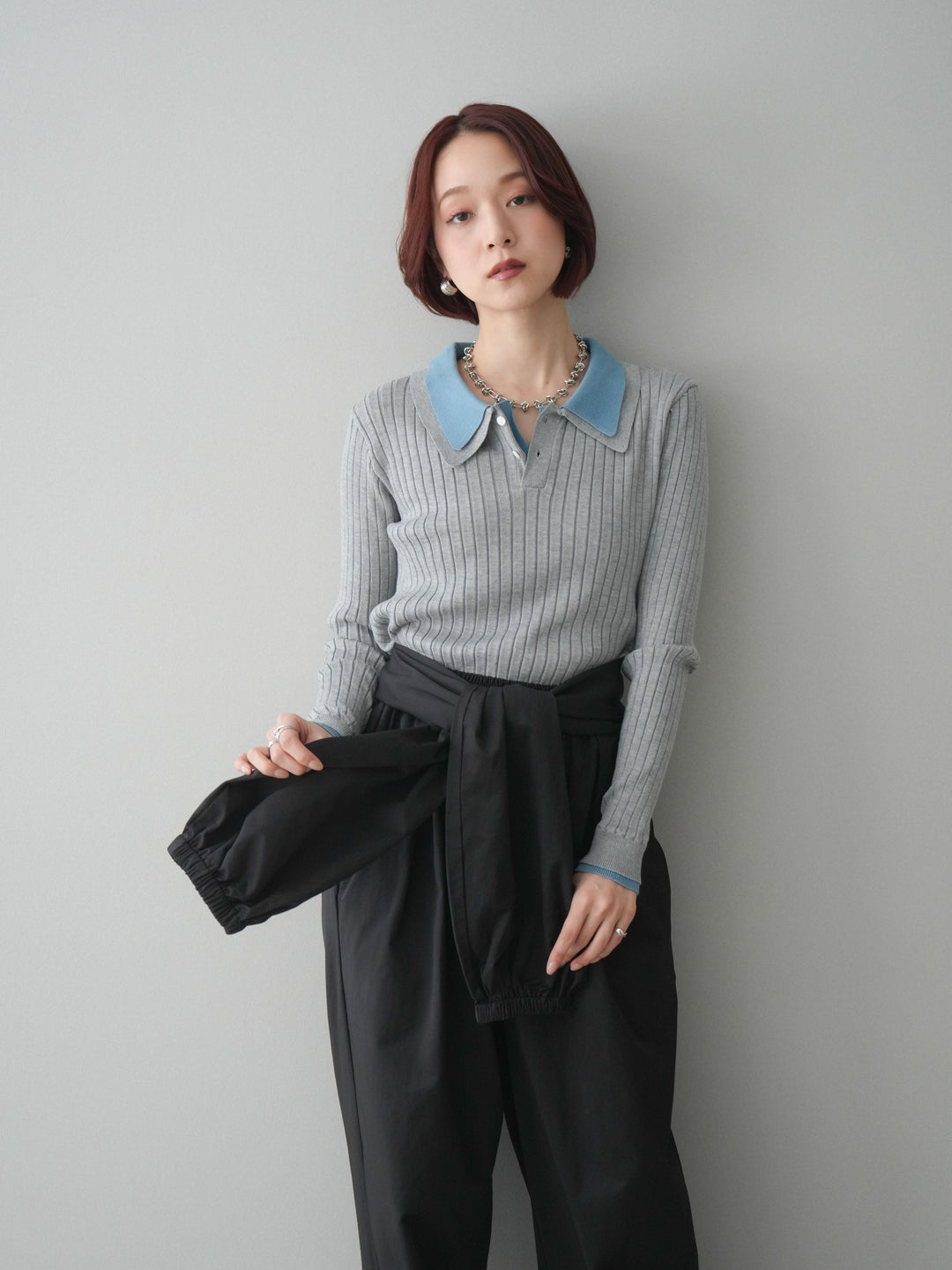 [SET]ダブル襟ポロリブニットトップス+選べるアクセセット(2set)