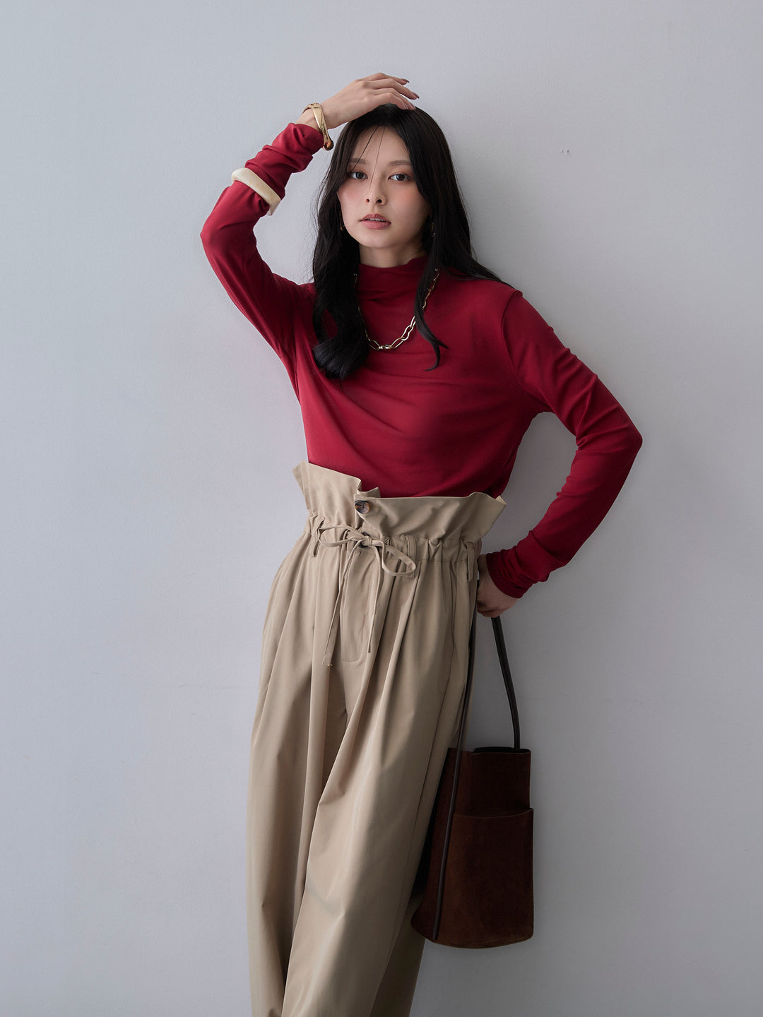 [予約]メッシュボトルネックトップス/burgundy