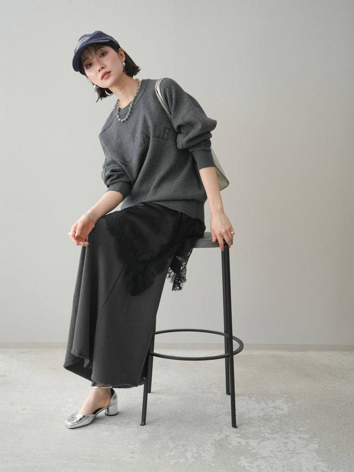 [予約]半ラバープリントロゴスウェットライクニットプルオーバー/mokucharcoal