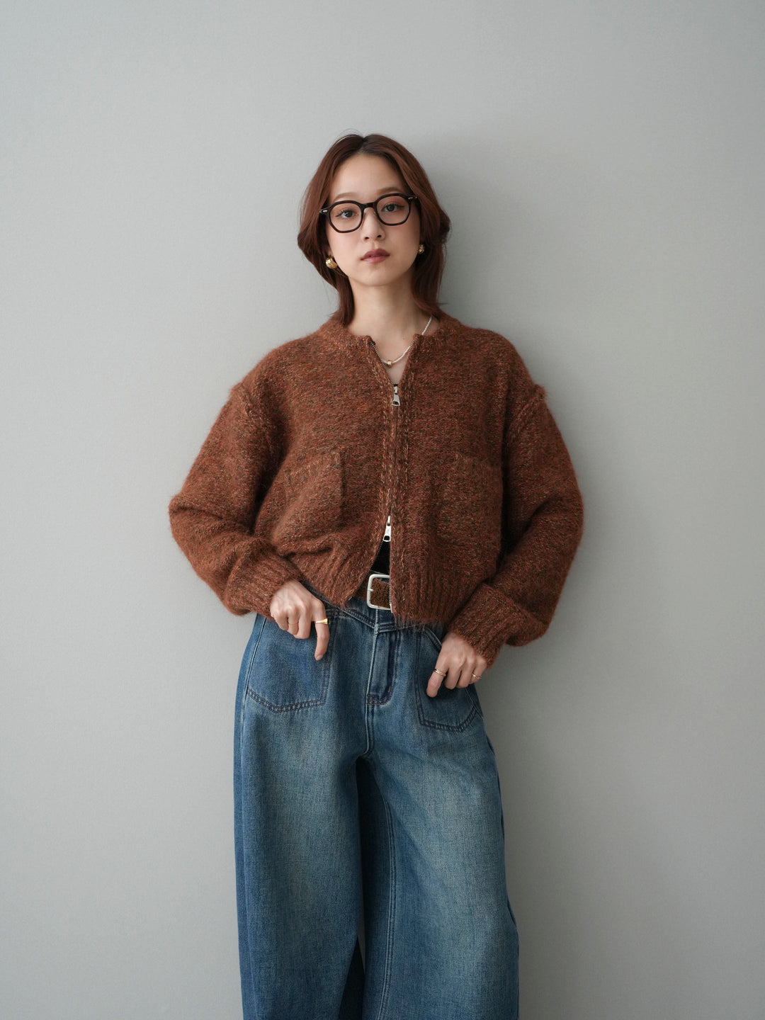 [SET]ミックスヤーンダブルZIPニットカーディガン+ベルト付裏起毛カーブデニムパンツ(2set)