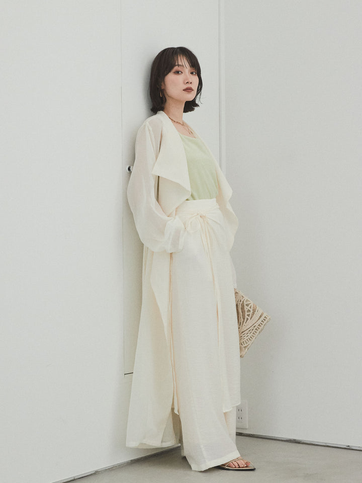 [SET] 方形天鵝絨背心 + 水洗緞層疊裙褲 + 透視長外套 (3 件套)