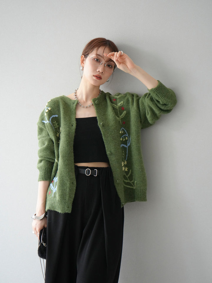 [SET]フラワー刺繍ニットカーディガン+ベルト付タックワイドパンツ(2set)