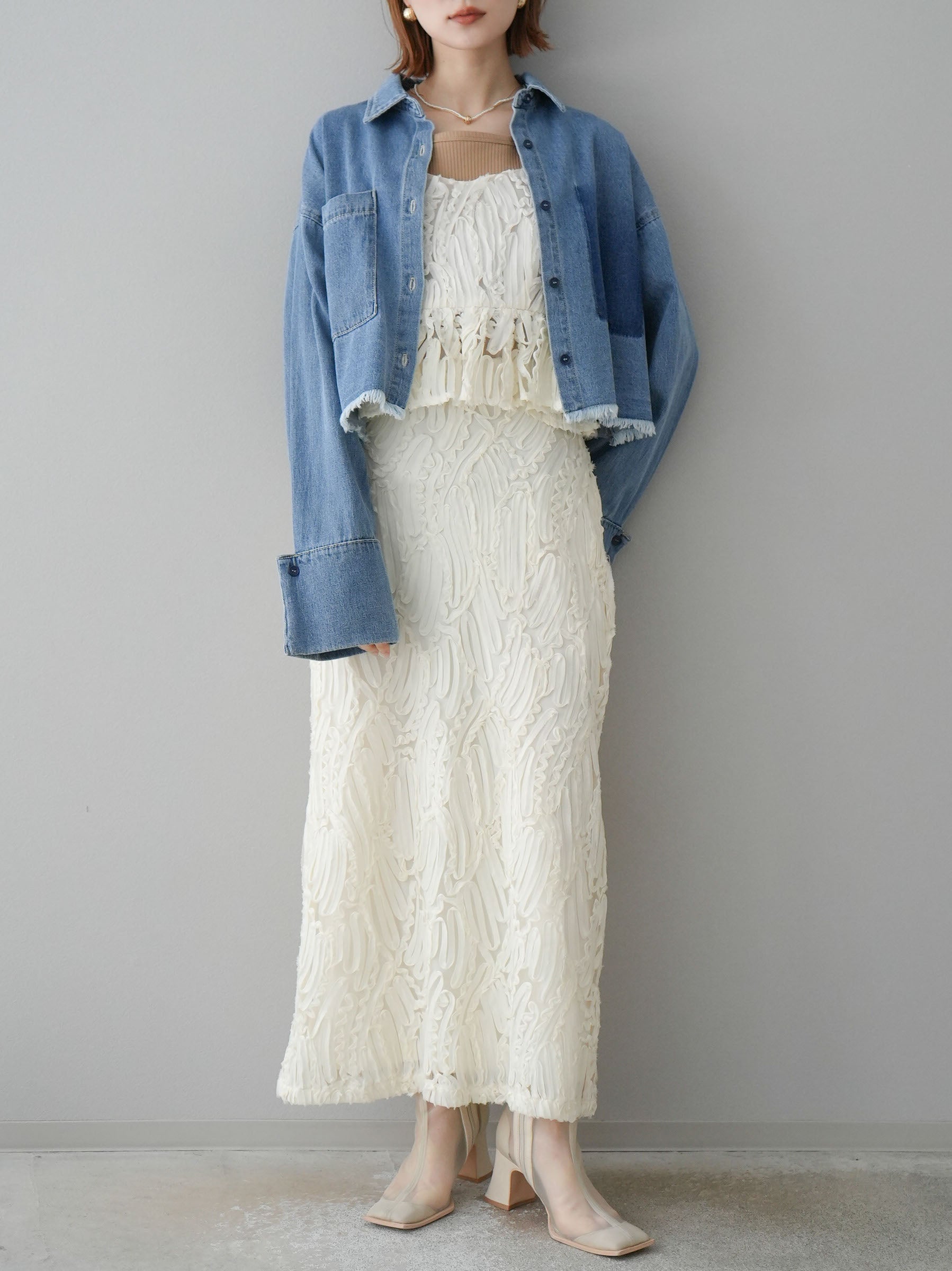 完売品　MECRE ジャガードキャミソール　ホワイト SET]ジャガードラインレースキャミソール+ジャガードライン