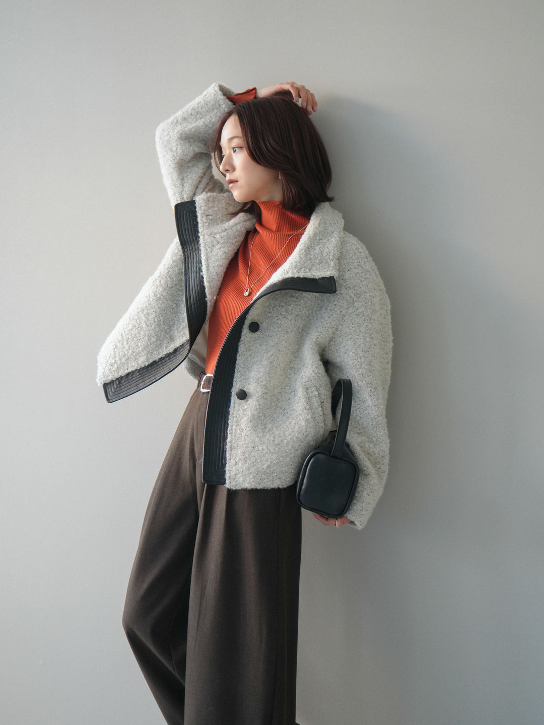 [SET]レザー切替ブークレブルゾン+袖ボタンボトルネックリブニットトップス+アニマル柄ベルト付きウールタッチワイドパンツ(3set)