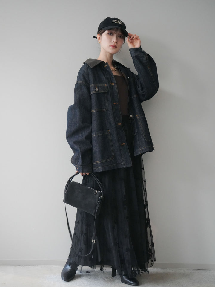 [SET]裏地ファーデニムフライトジャケット+フラワーフロッキーチュールプリーツスカート(2set)