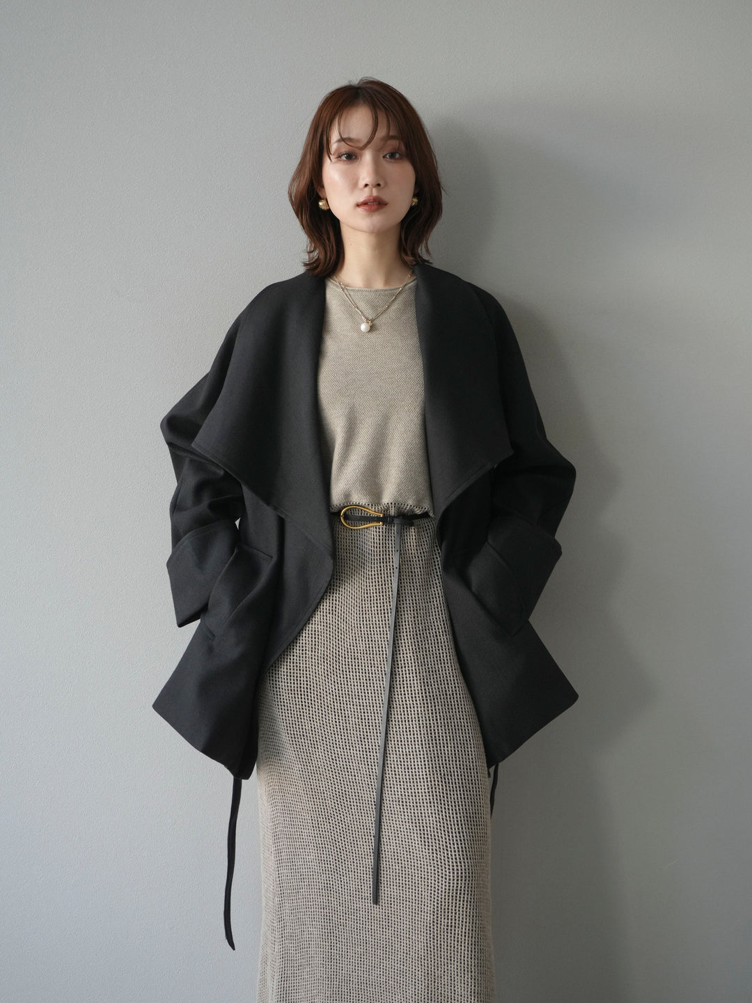 [予約]メッシュ切替ノースリーニットワンピース/beige