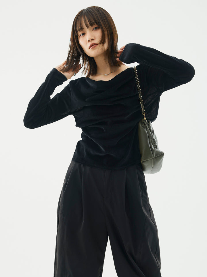 【Allure】[SET]シアーベロアタックデザイントップス+タフタワイドカーブパンツ(2set)