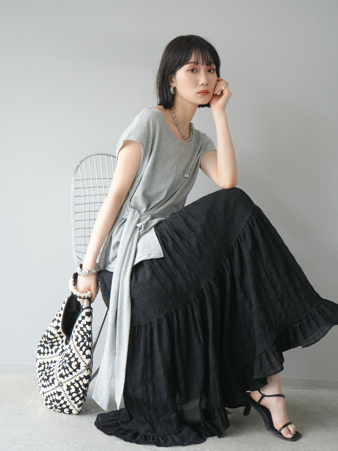 [予約]フロント巻きデザインカットソー/グレー