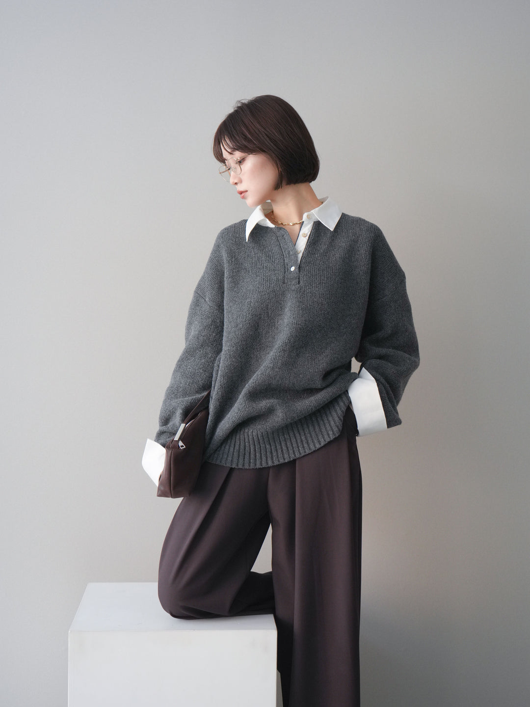 [予約]シャツドッキングオーバーニットプルオーバー/charcoaloff