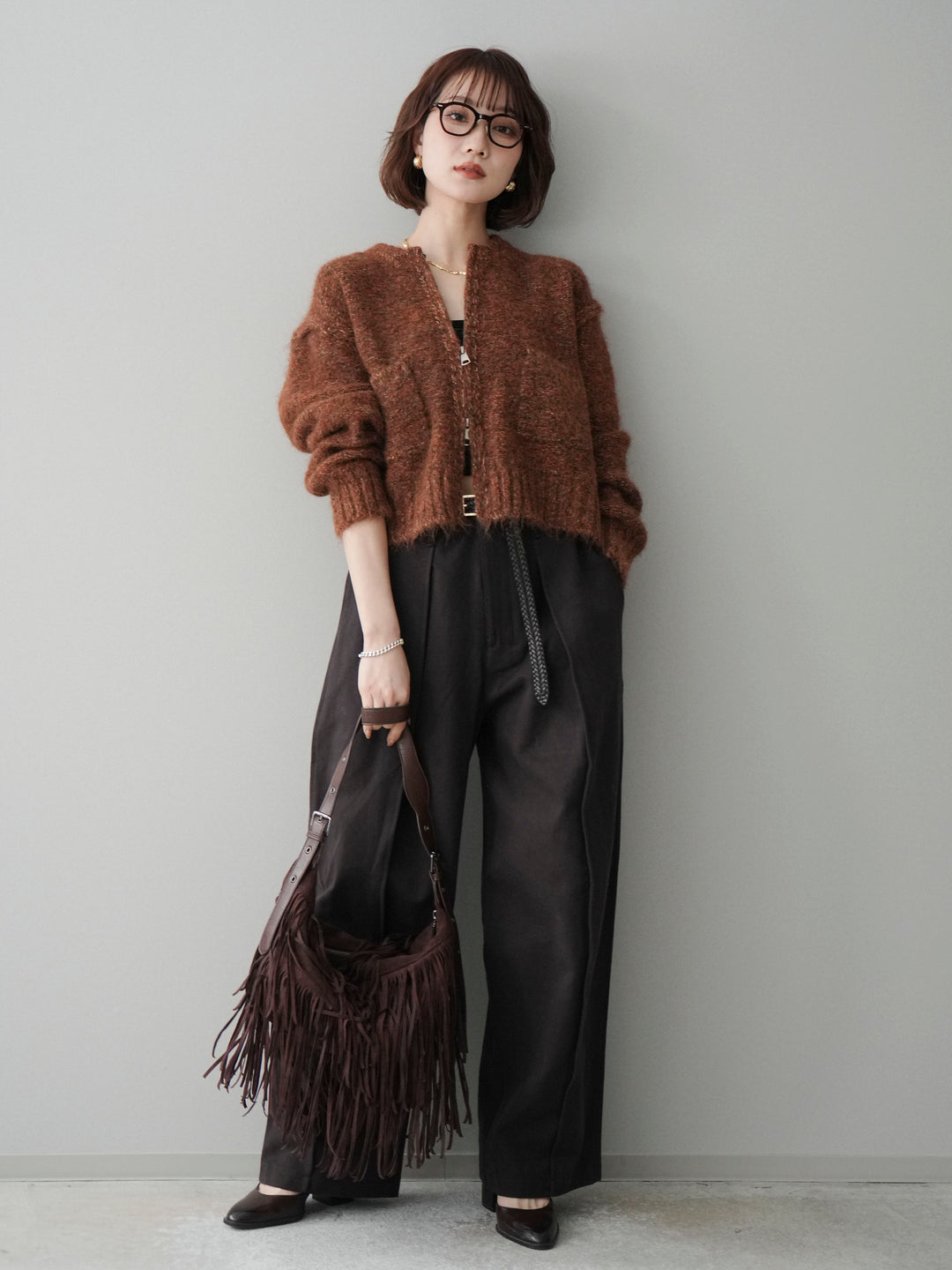 [SET]ミックスヤーンダブルZIPニットカーディガン+コットンツイルカーブパンツ(2set)