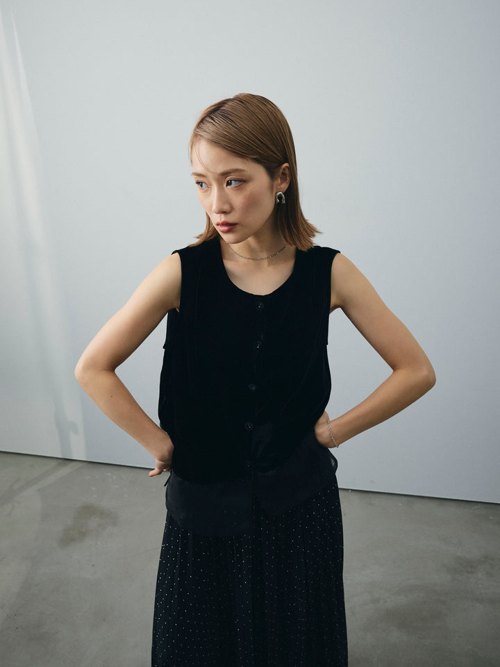 [SET]裾チュールベロアノースリーブプルオーバー+ラインストーンプリーツスカート(2set)