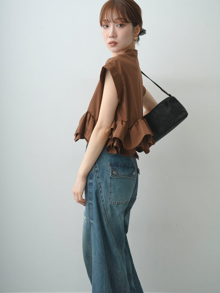 [SET]ブロードフレンチフリルヘムブラウス+フラップポケットカーブライトデニム(2set)