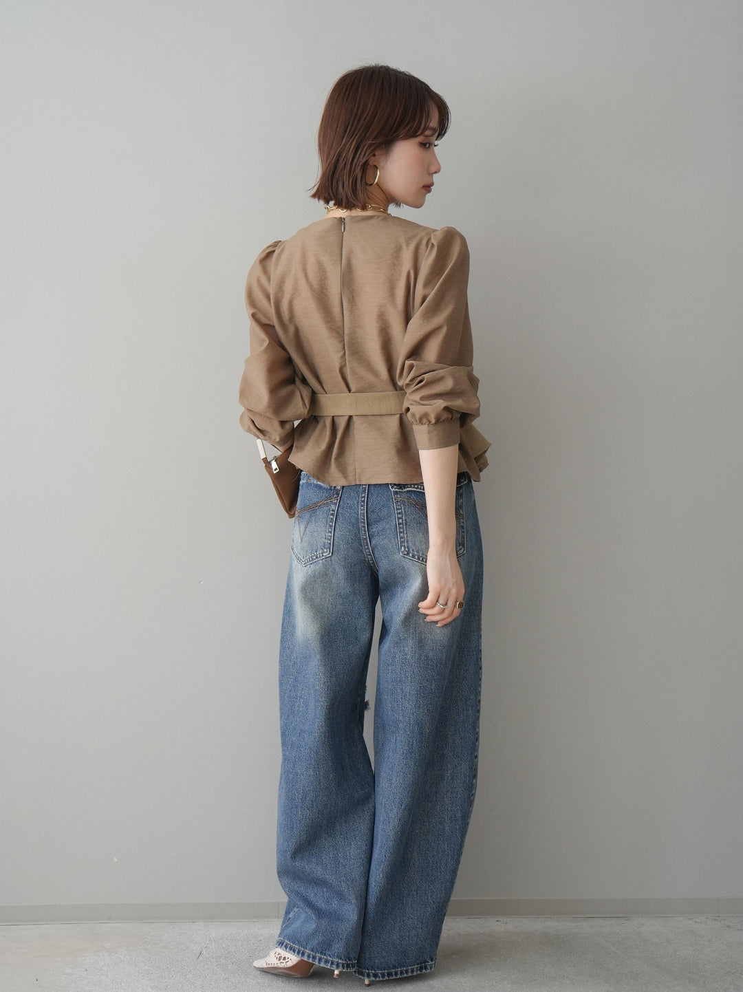 [SET]異素材ビスチェドッキングブラウス+ダメージデニムセミワイドパンツ(2set)