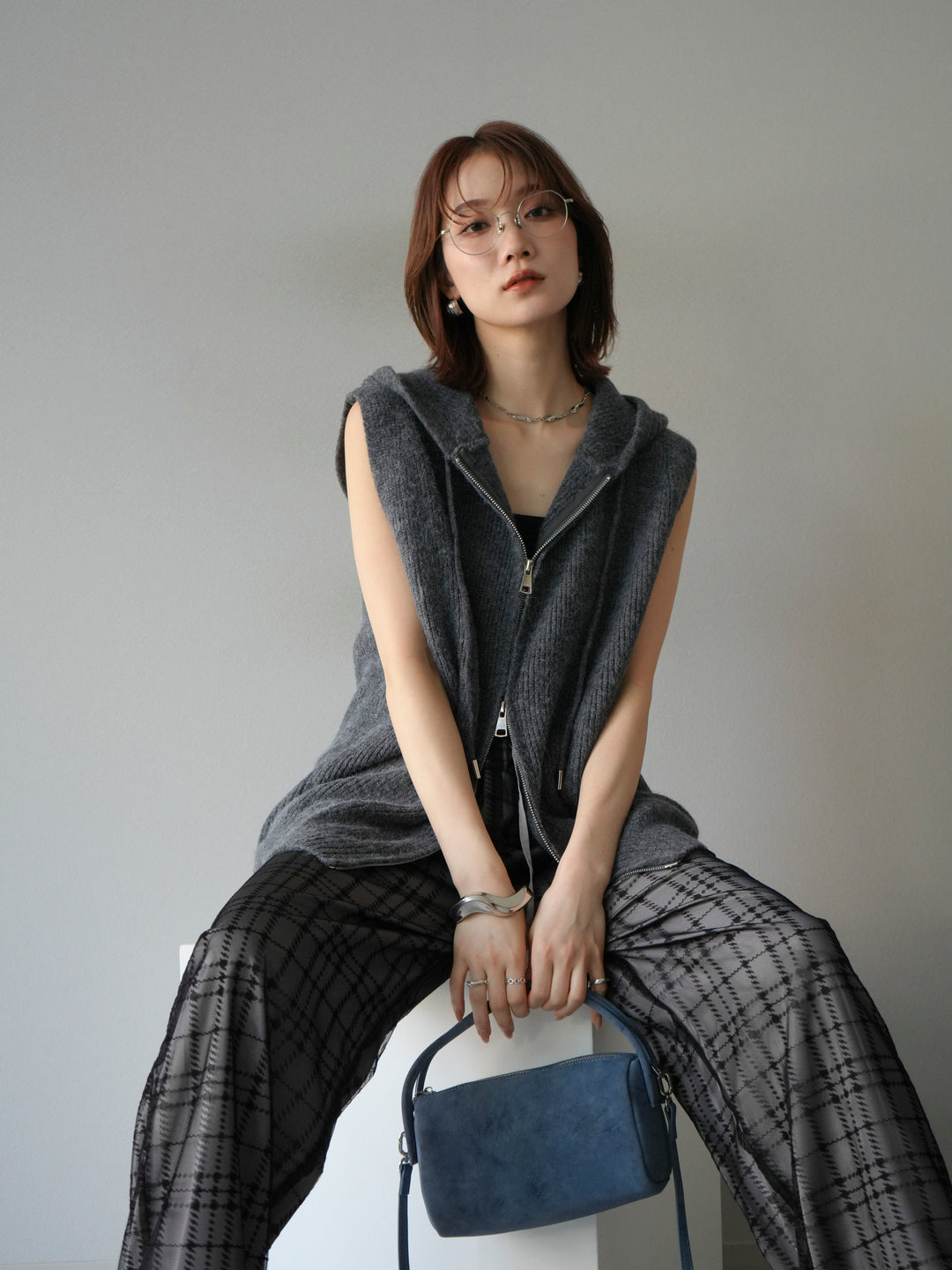 [予約]ノースリーブニットパーカー/グレー