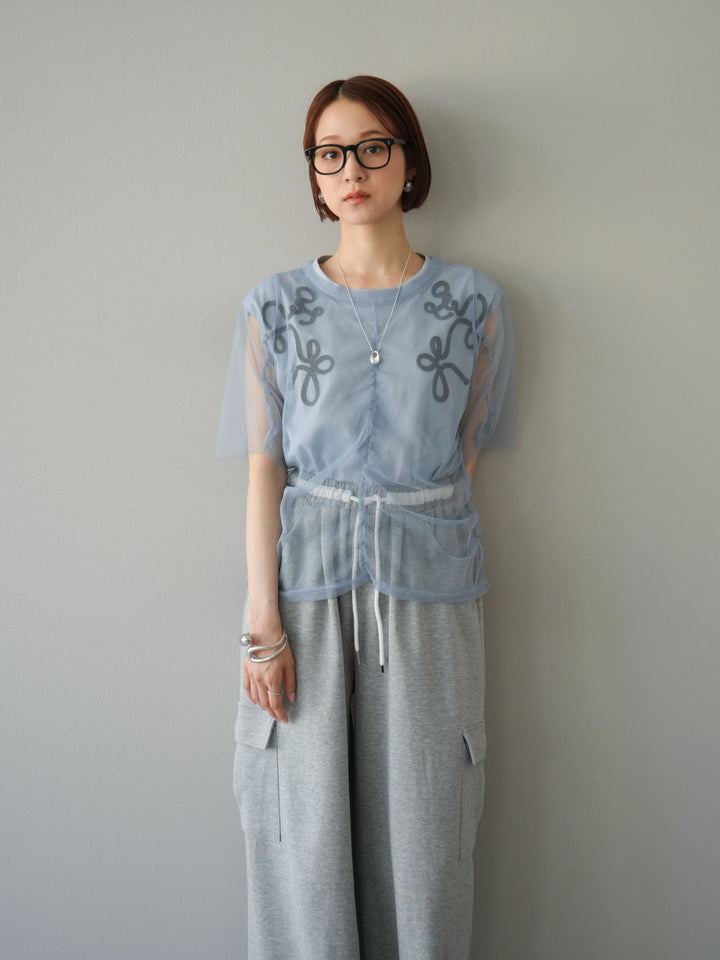 [SET]ラメチュールシャーリングプルオーバー+コード刺繍フレンチスリーブTシャツ+ウエストラインサイドポケットスウェットパンツ(3set)