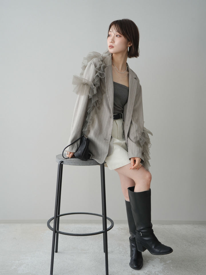 [予約]アシンメトリーチュールストライプジャケット/greige