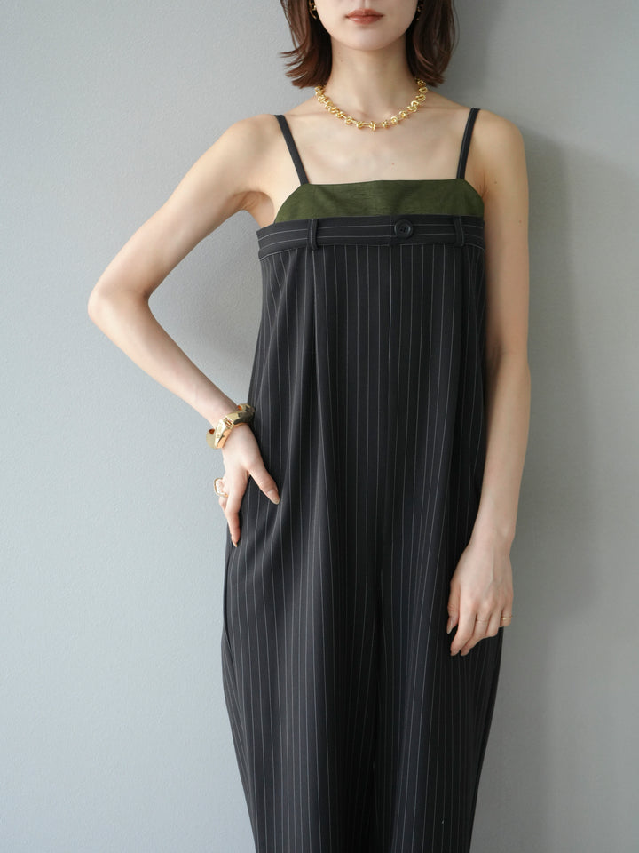 [予約]サテン切替ピンストライプサロペット/ブラック
