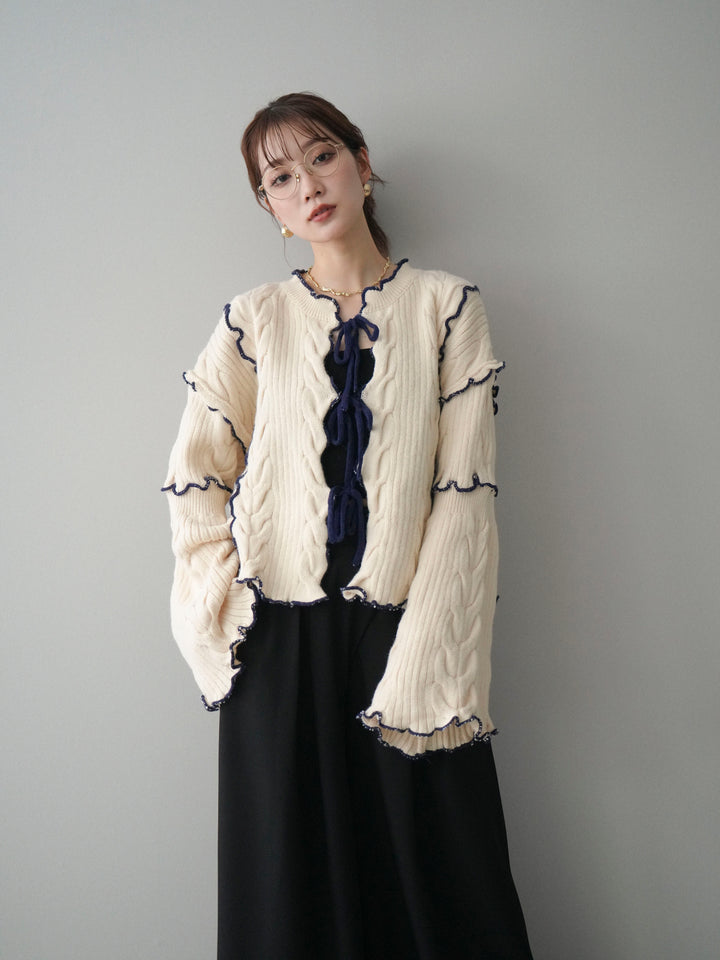 [SET]フロントリボン配色メローニットカーディガン+テープベルトタックバギーパンツ(2set)