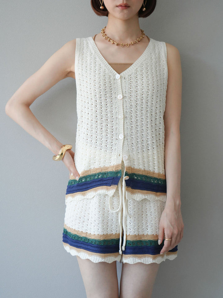 [SET]裾マルチボーダーニットベスト＆ショートパンツ SET UP(2set)