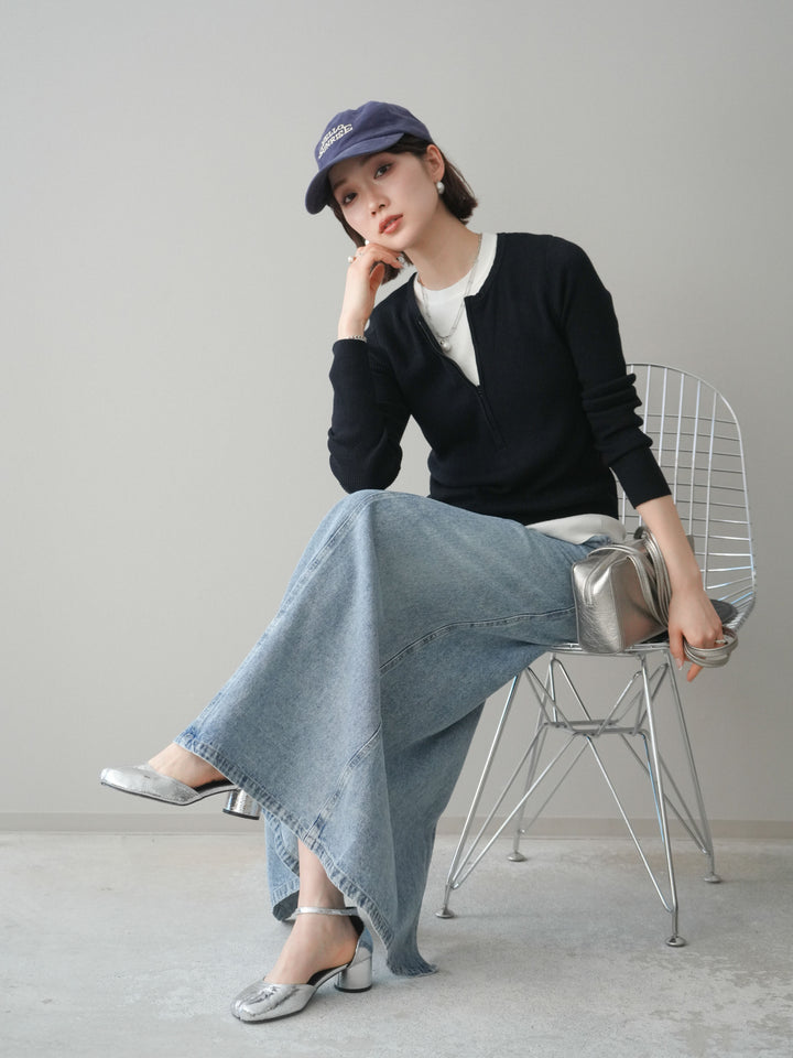 [予約]フロントジップ配色レイヤードニットトップス/navy