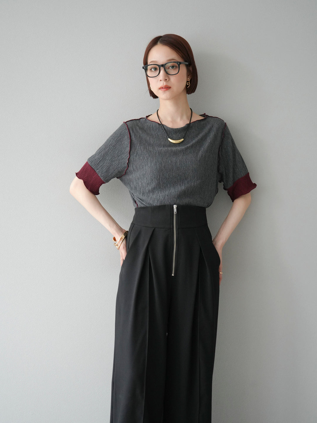 [SET] 百褶同色船領套頭衫 + 拉鍊褶襉寬褲 (2 套)