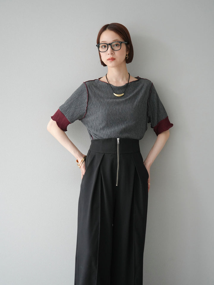 [SET] 百褶同色船領套頭衫 + 拉鍊褶襉寬褲 (2 套)