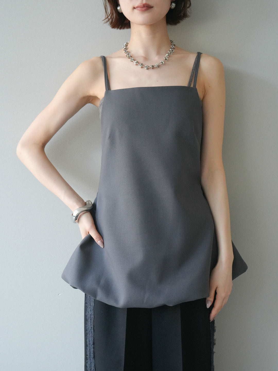 [SET]バックリボンバルーンチュニックキャミ+サイドレースポンチワイドパンツ(2set)