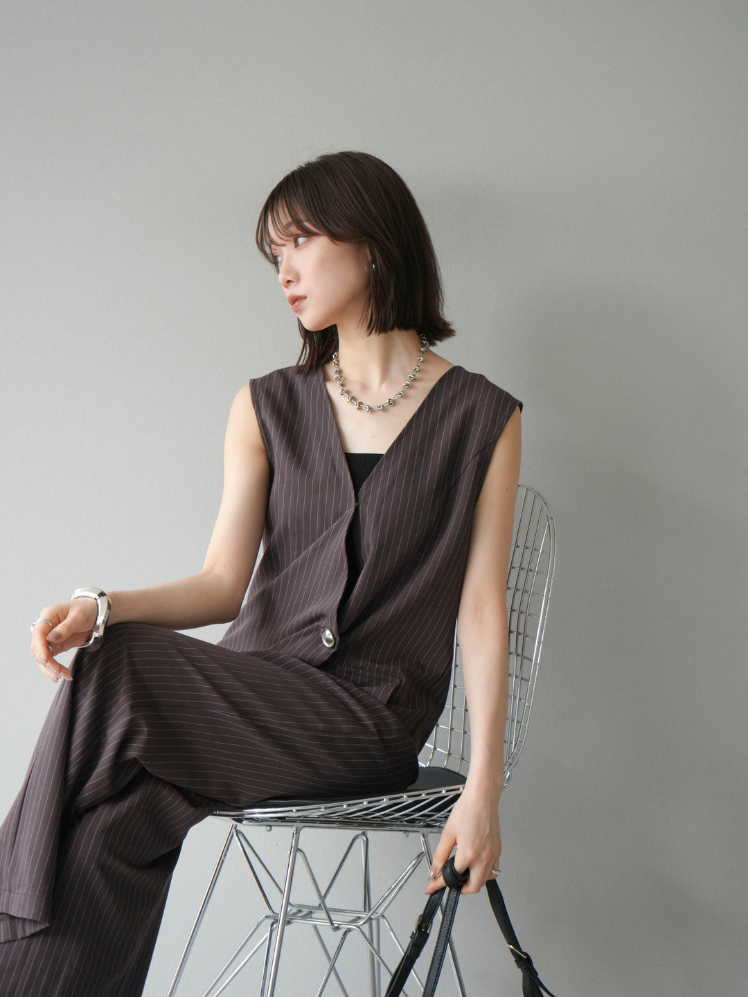 [予約]ストライプラップデザインオールインワン/ブラウン