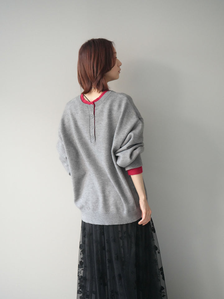 [SET]ヘンリーネック配色レイヤードニットプルオーバー+フラワーフロッキーチュールプリーツスカート(2set)