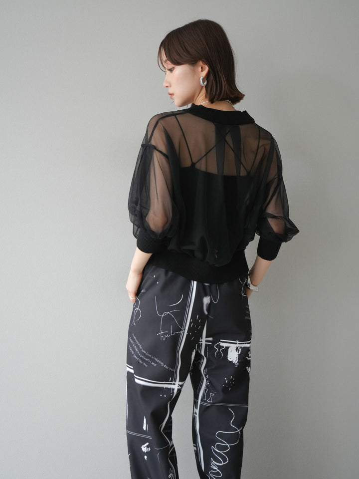 [SET] 透視半袖褶皺開襟衫 + 彩繪圖案褶襉褲 (2set)