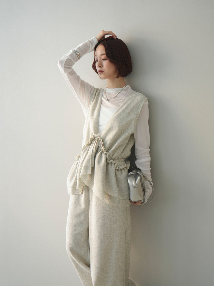 [SET]3WAYミックスツイードギャザーオールインワン+シアープチネックストレッチトップス(2set)