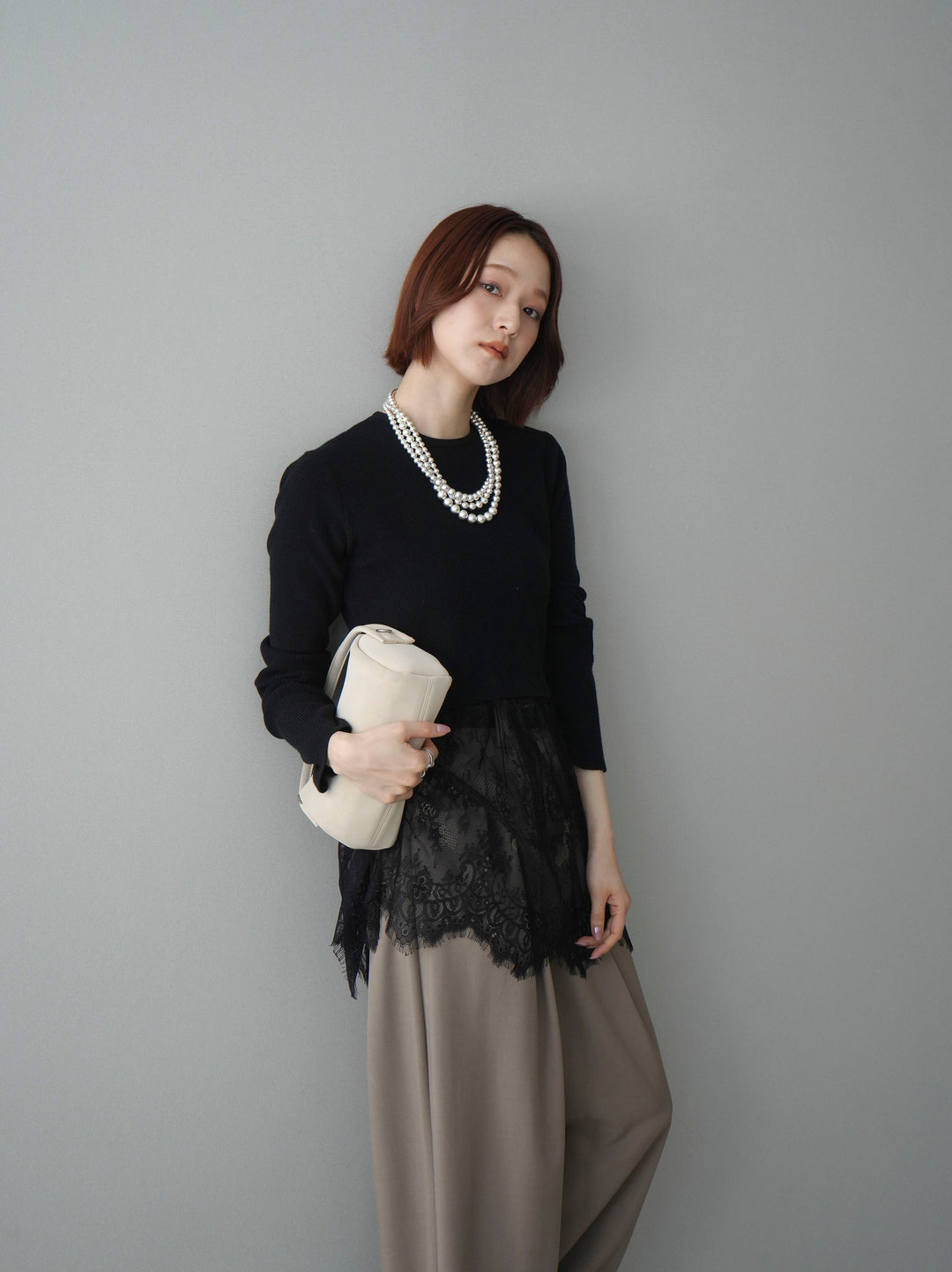 [SET]クルーネックレースドッキングリブニットトップス+ベルト付キーホルダーモチーフワイドパンツ(2set)