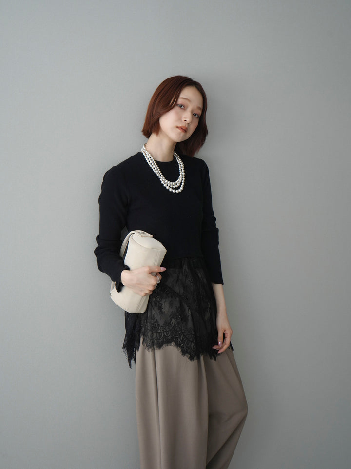 [SET]クルーネックレースドッキングリブニットトップス+ベルト付キーホルダーモチーフワイドパンツ(2set)