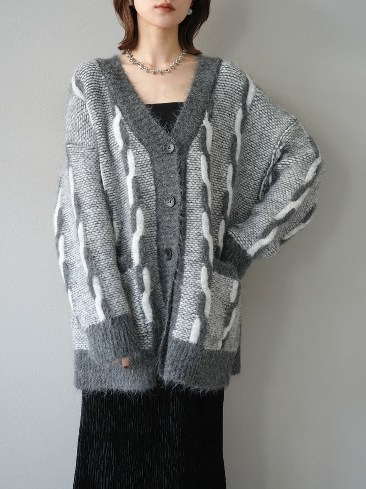 [予約]バイカラー編み込みデザインニットカーディガン/グレー