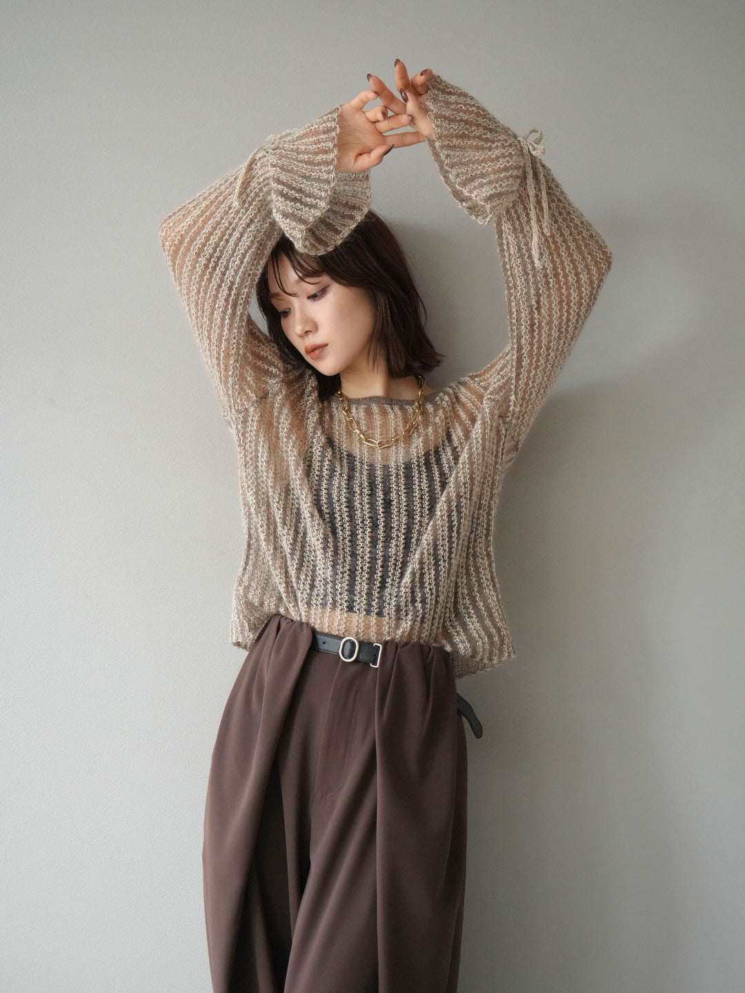 [予約]ストライプメッシュニットプルオーバー/ベージュ