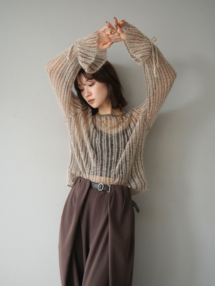 [予約]ストライプメッシュニットプルオーバー/ベージュ