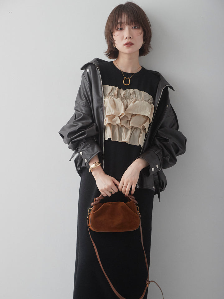 [予約]フリルデザインリブニットワンピース/black