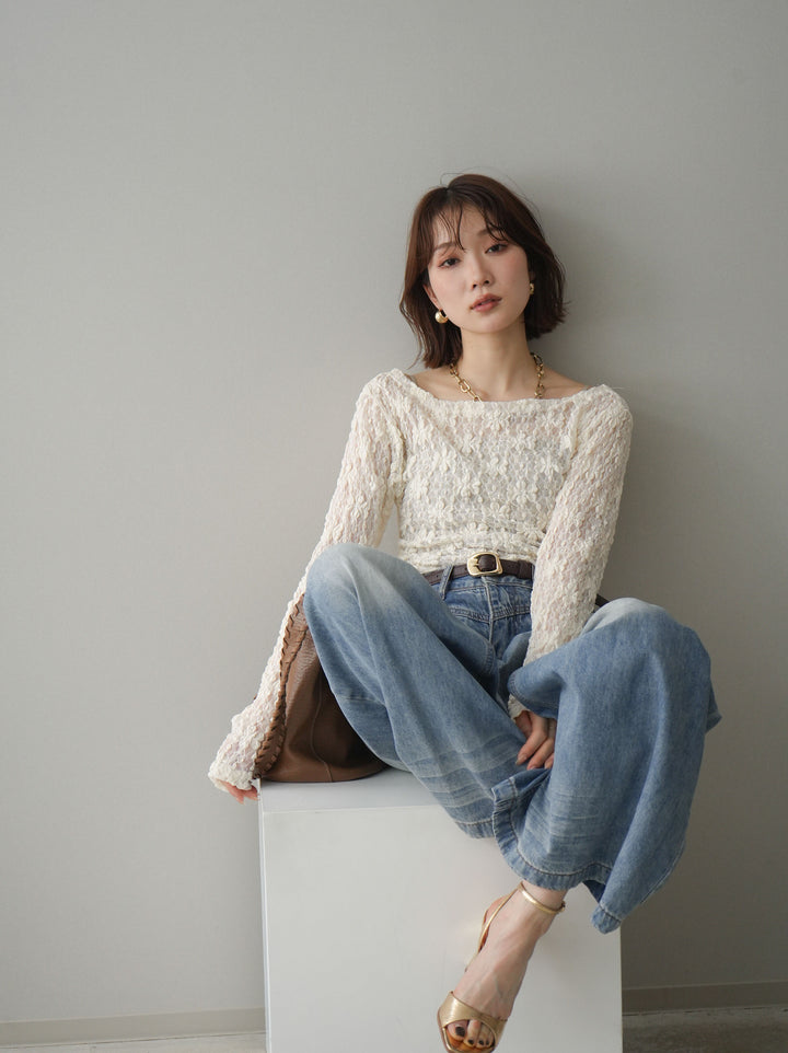 [SET]サイドギャザーレーストップス+フロントポケットサイドタックワイドデニム(2set)