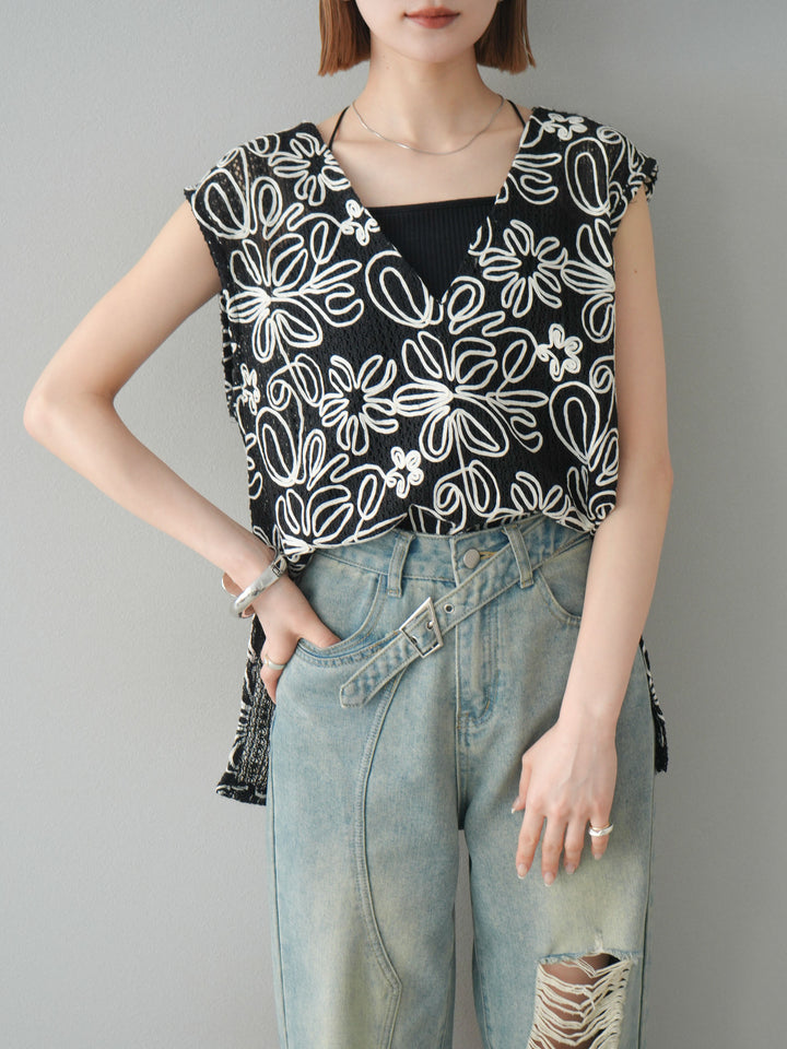 [予約]メッシュコード刺繍ベスト/ブラック