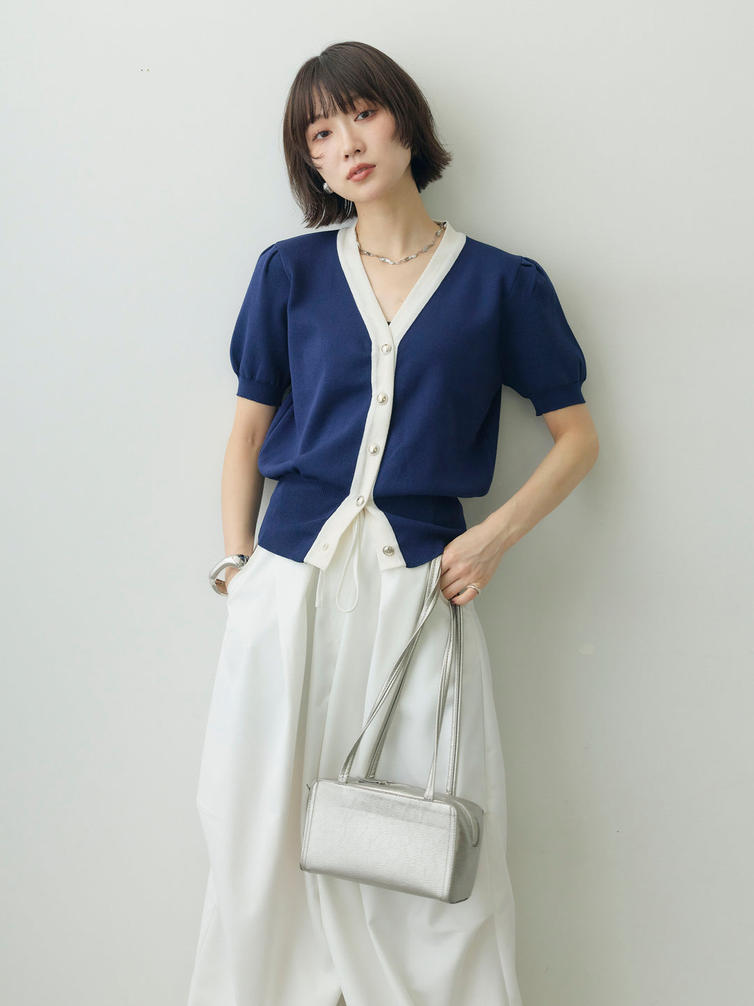 【套裝】雙色泡泡袖開襟衫 + 配件套裝（2 套）