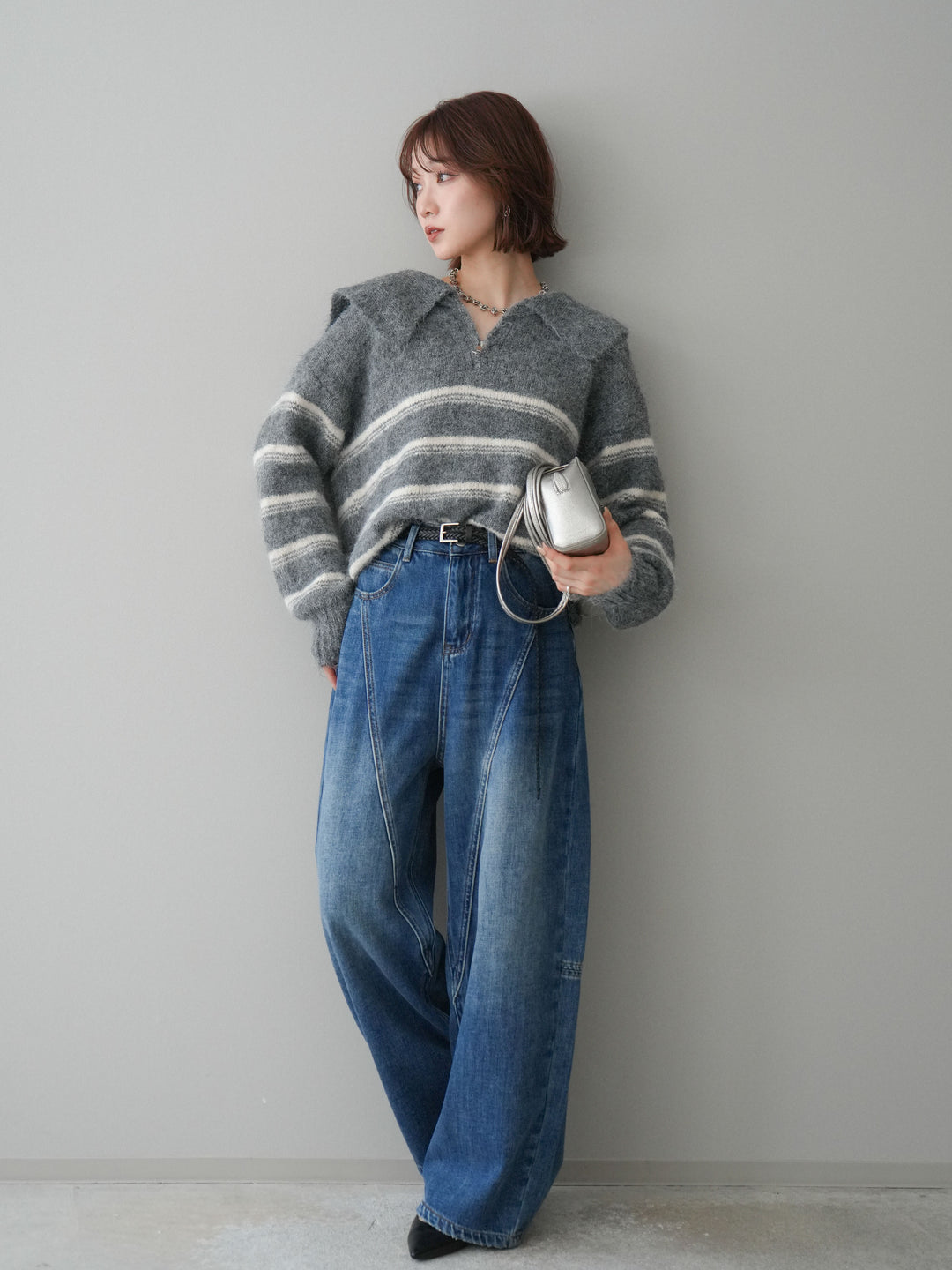 [SET]ハーフジップボーダーニットプルオーバー+裏起毛加工デニムカーブパンツ(2set)