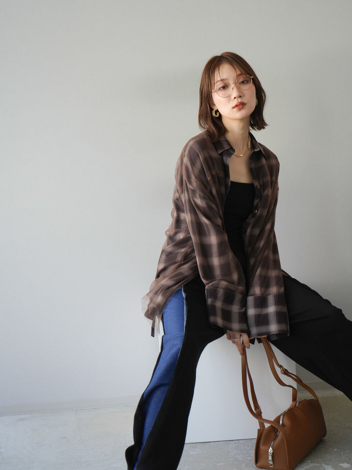 [套裝] 薄紗對接格紋寬鬆襯衫 + 牛仔布 Switch 2-Way 設計運動褲 (2 套)