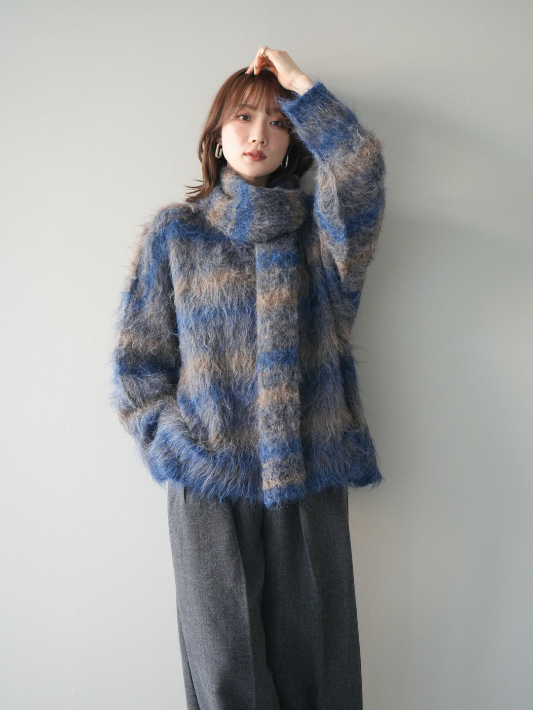 [予約]ストール付シャギーマルチボーダーニットプルオーバー/blue