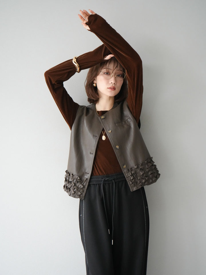 [予約]コンパクトフリルレザーベスト/ブラウン
