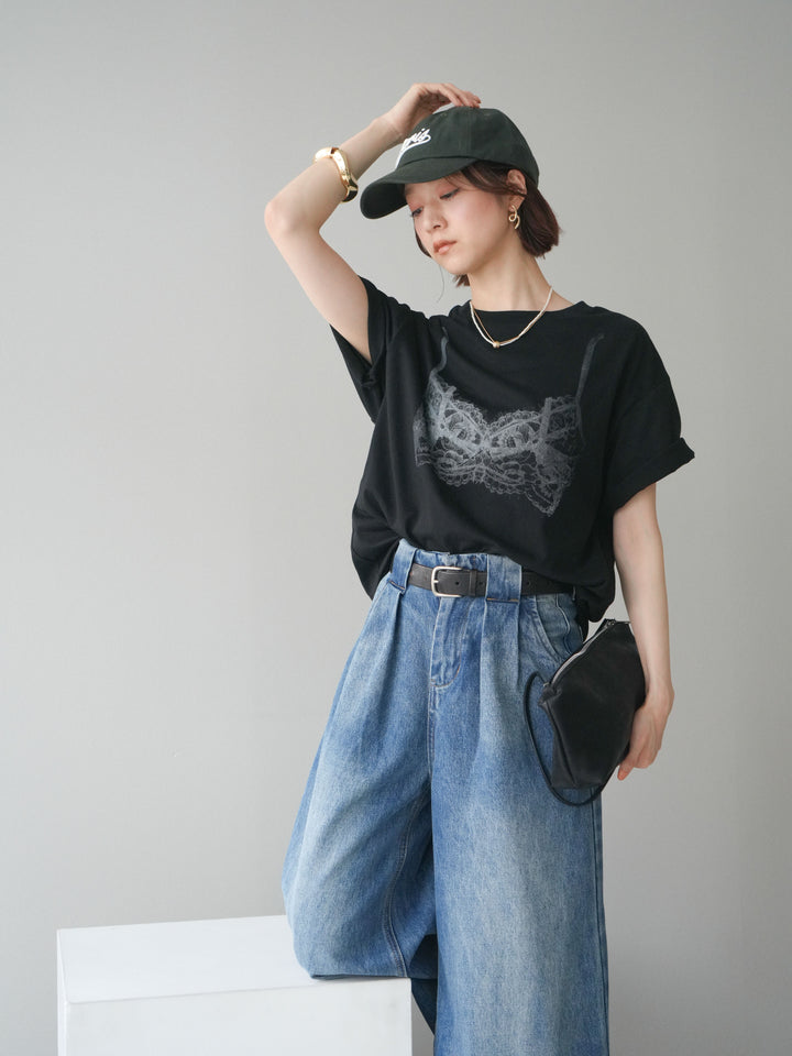 【預購】蕾絲圖案印花T卹/黑色