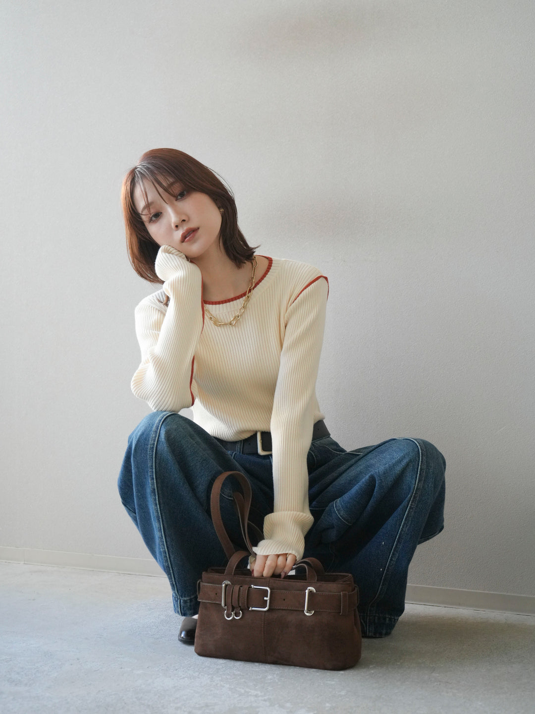 [予約]バイカラークルーネックリブニットトップス/ivory