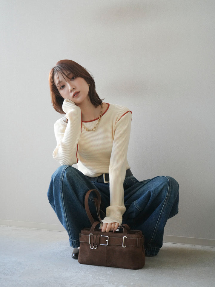 [予約]バイカラークルーネックリブニットトップス/ivory