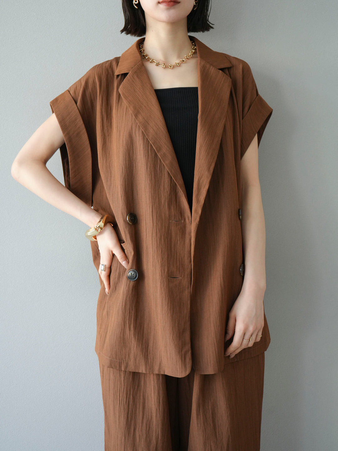 [SET]リネンライクノースリーブダブルジレ+リネンライクノースリーブダブルジレ(2set)