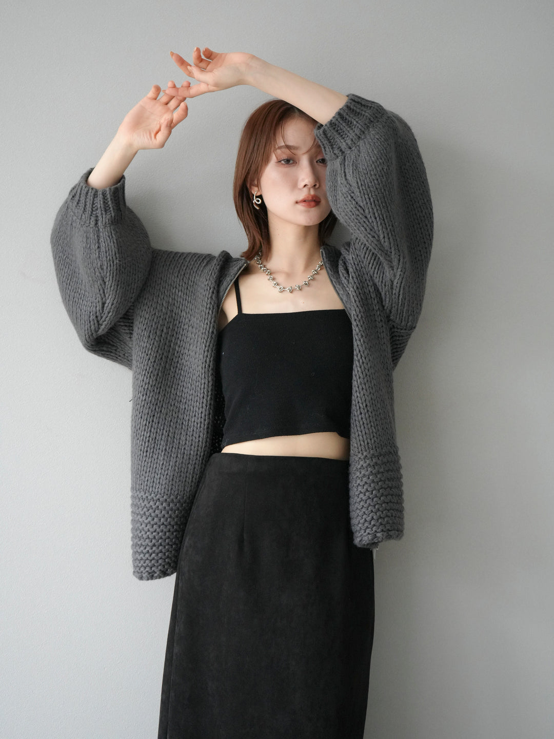 [予約]ロービングケーブルオーバーZIPニットカーディガン/チャコール