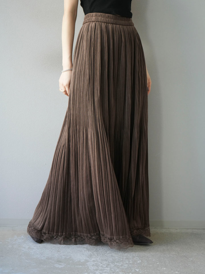 【預購】蕾絲襯裡麂皮褶皺長裙/棕色